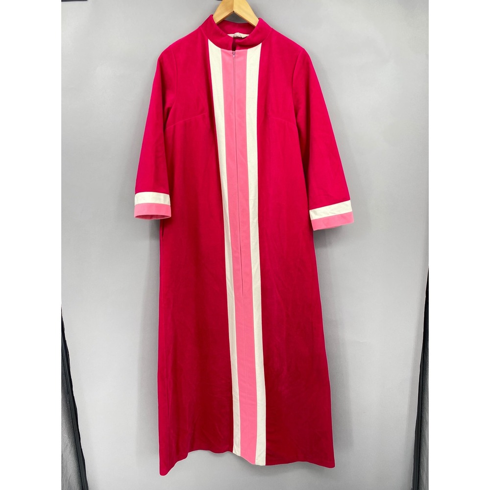 Vtg 70s Vanity Fair Velour Maxi Robe Womens 10 Hot Pink Striped Housecoat Mod